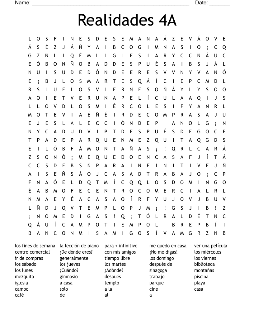 Realidades 4A Word Search