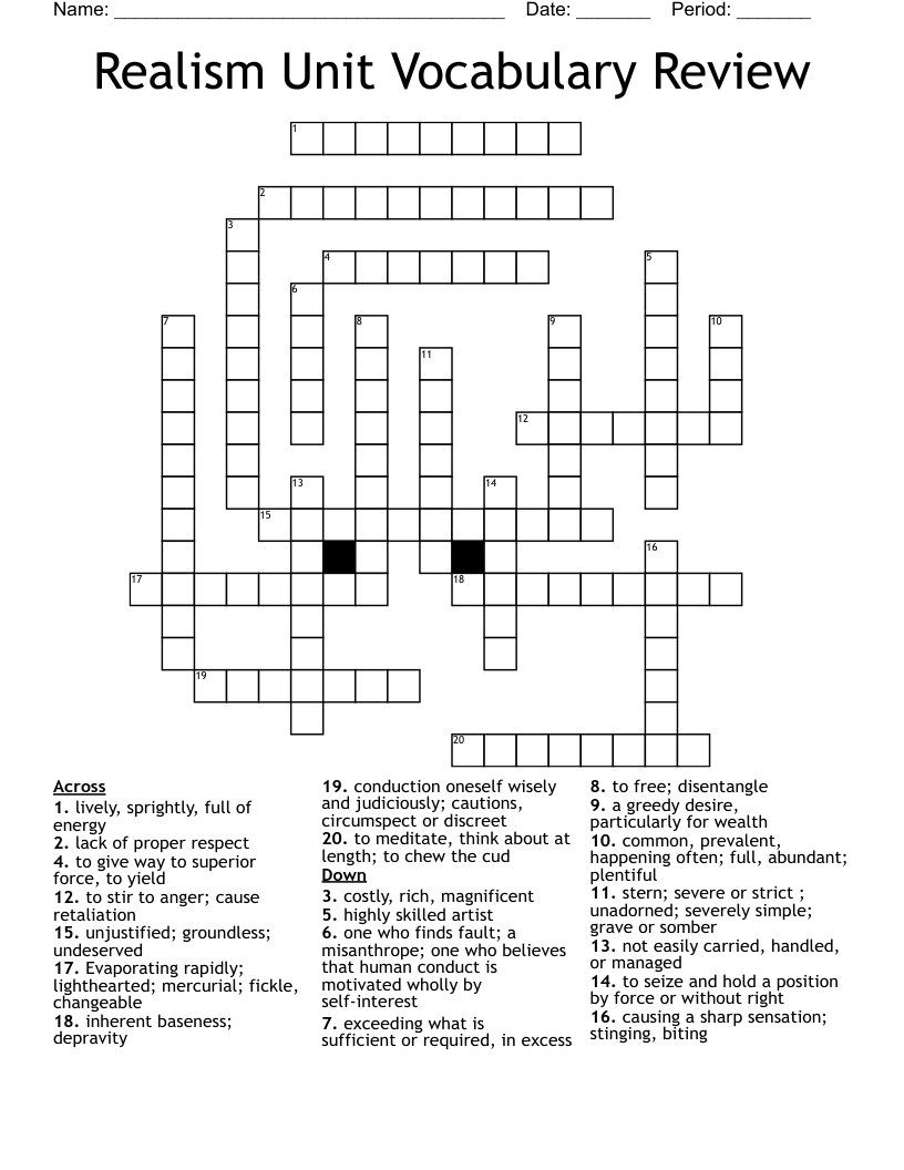 Realism Unit Vocabulary Review Crossword