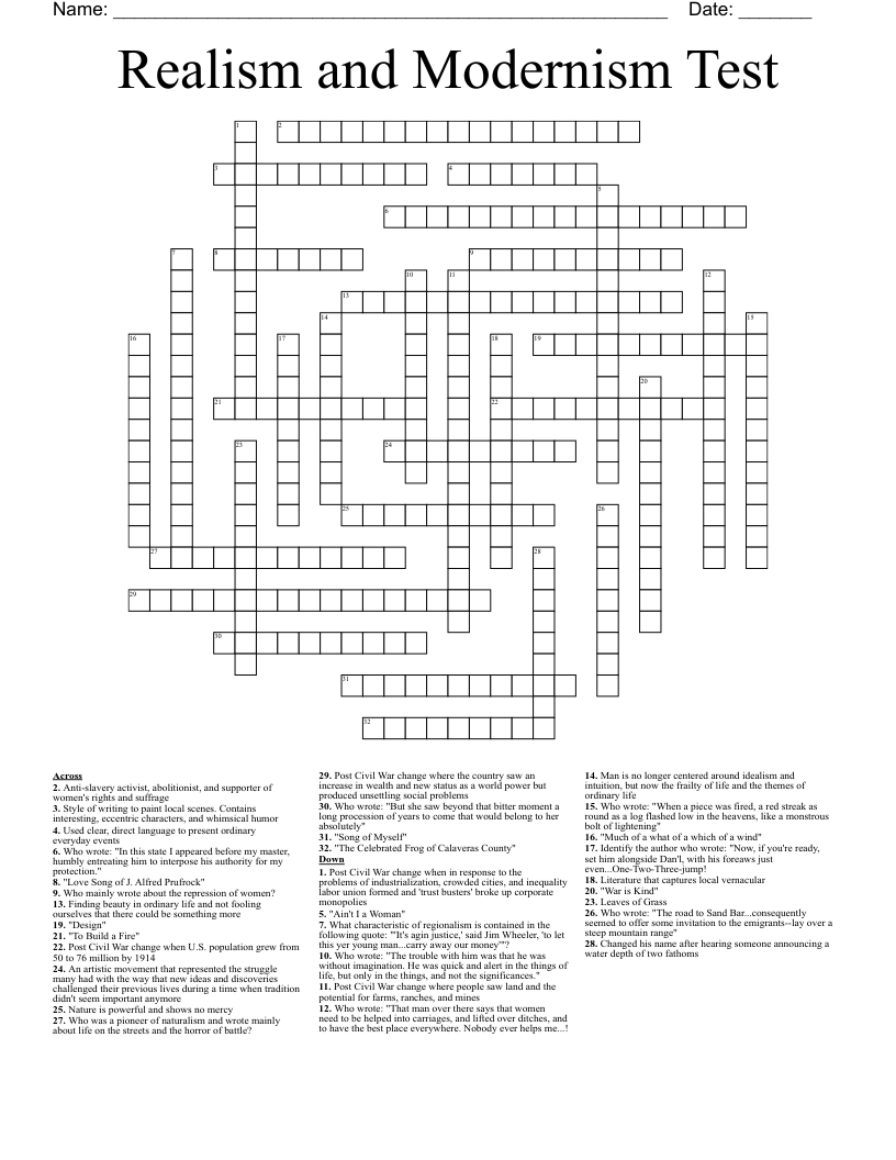 Realism and Modernism Test Crossword