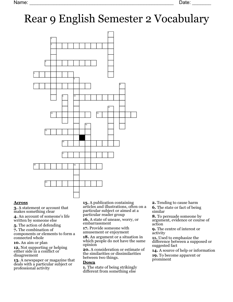 Rear 9 English Semester 2 Vocabulary Crossword