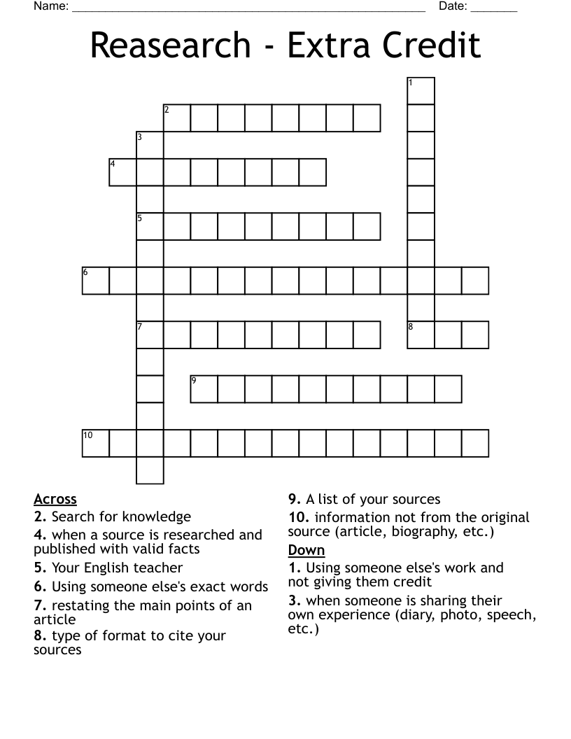 Reasearch - Extra Credit Crossword