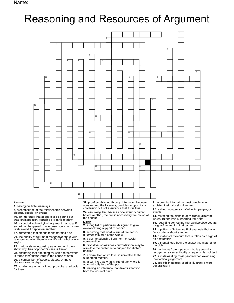Reasoning and Resources of Argument Crossword
