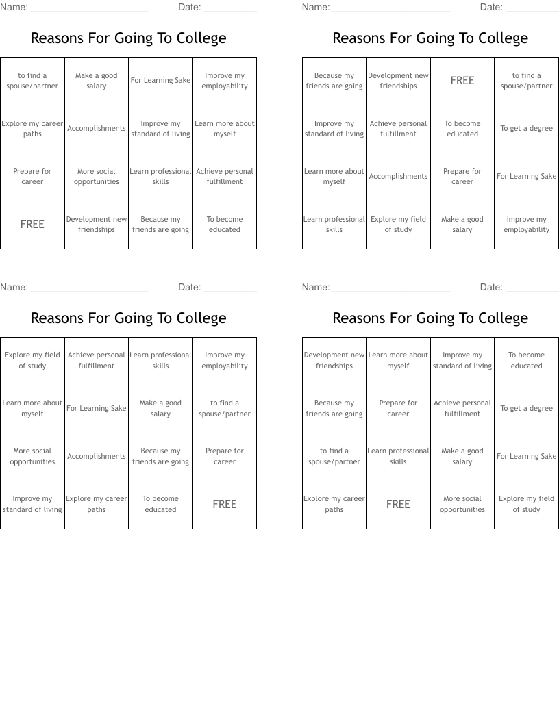 Reasons For Going To College Bingo Cards