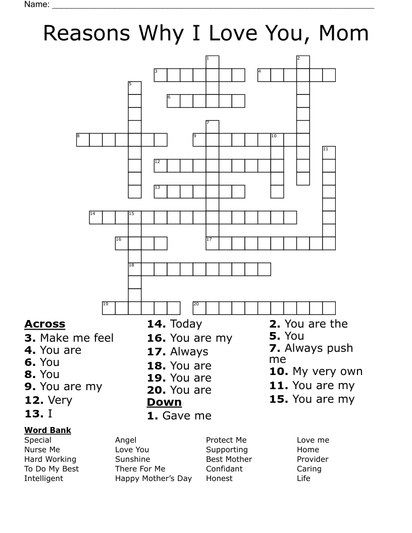 Reasons Why I Love You, Mom Crossword