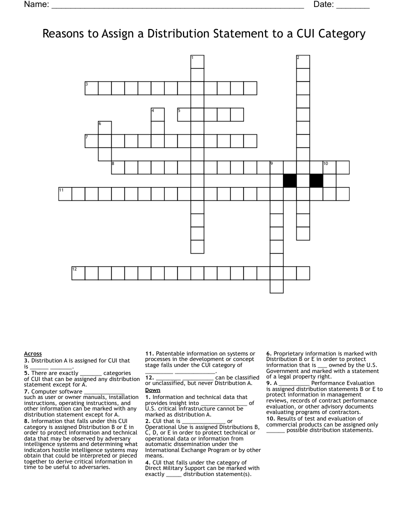 Reasons to Assign a Distribution Statement to a CUI Category Crossword