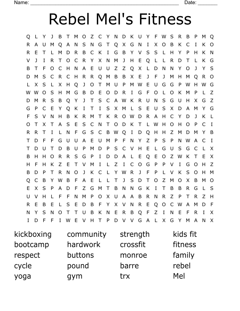Rebel Mel's Fitness Word Search
