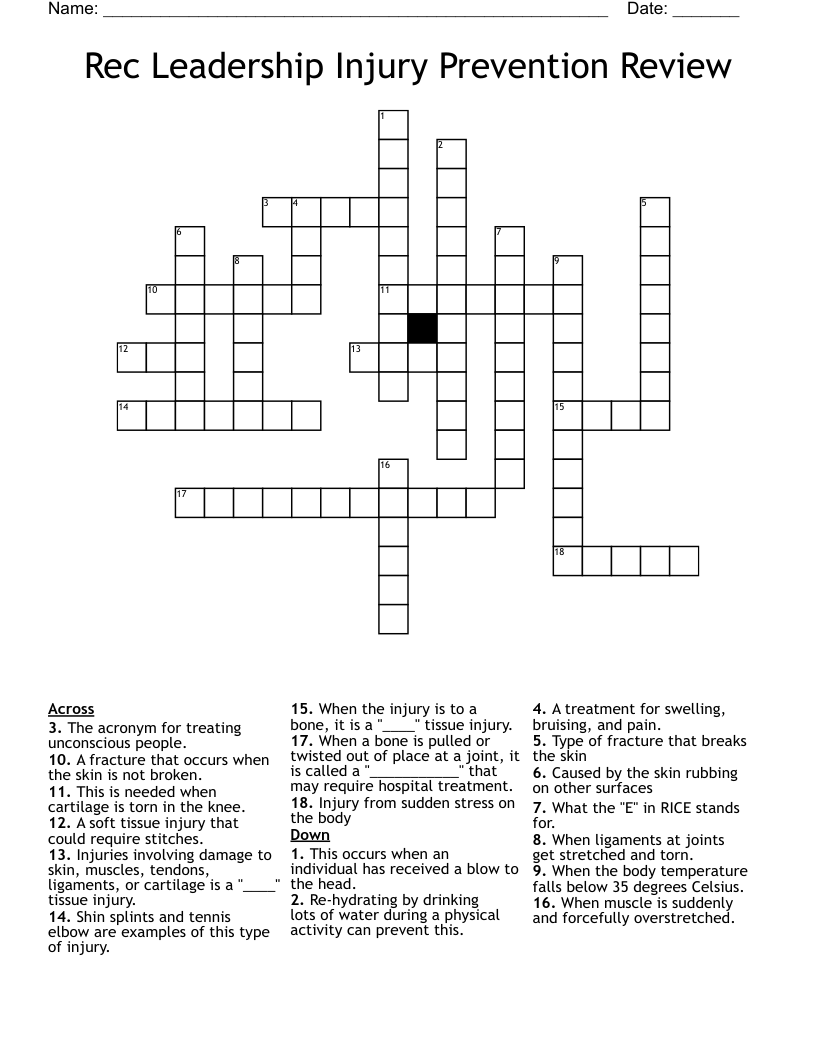 Rec Leadership Injury Prevention Review Crossword