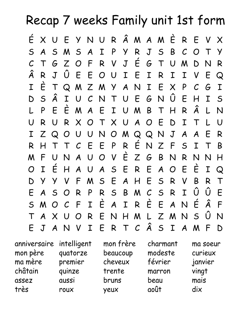 Recap 7 weeks Family unit 1st form Word Search