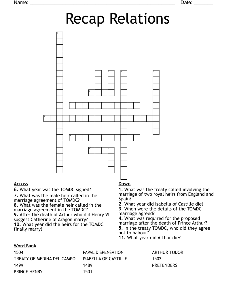 Recap Relations  Crossword