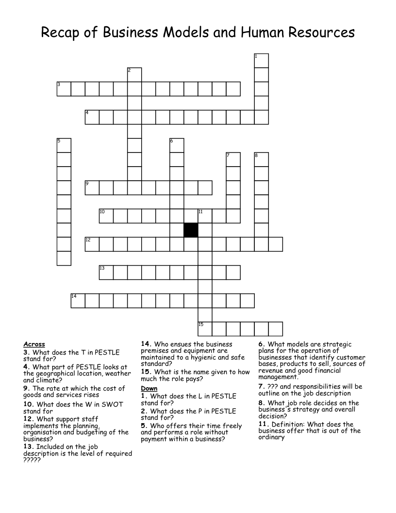 Recap of Business Models and Human Resources Crossword