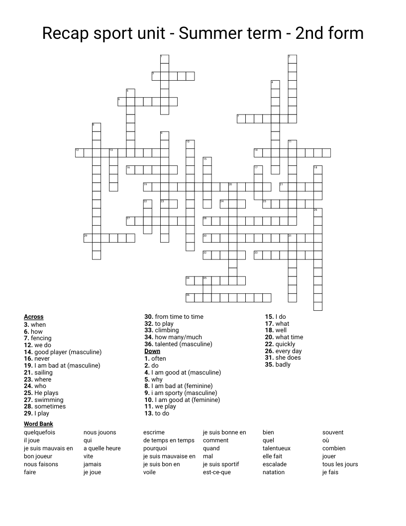 Recap sport unit - Summer term - 2nd form Crossword