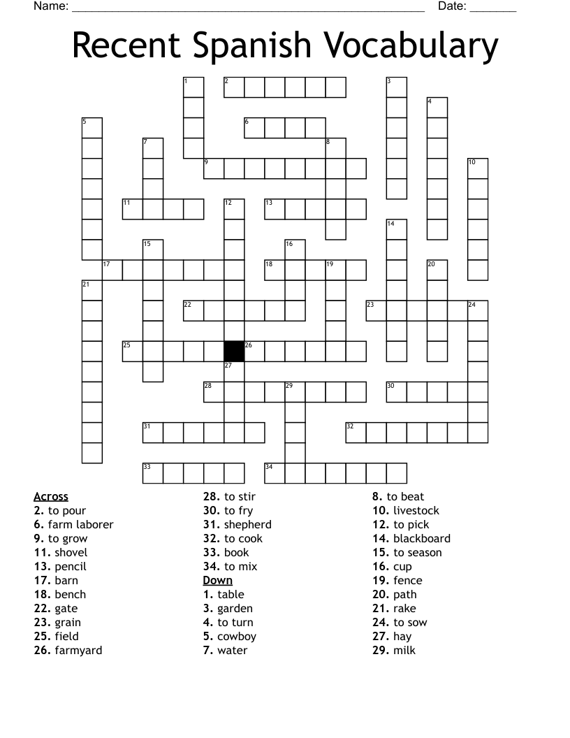 Recent Spanish Vocabulary Crossword