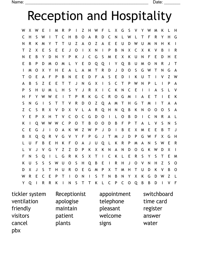 Reception and Hospitality Word Search