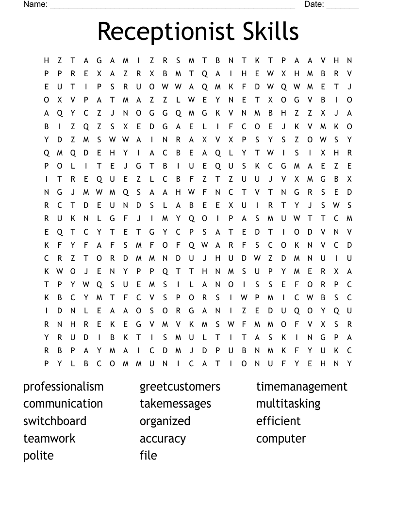 Receptionist Skills  Word Search