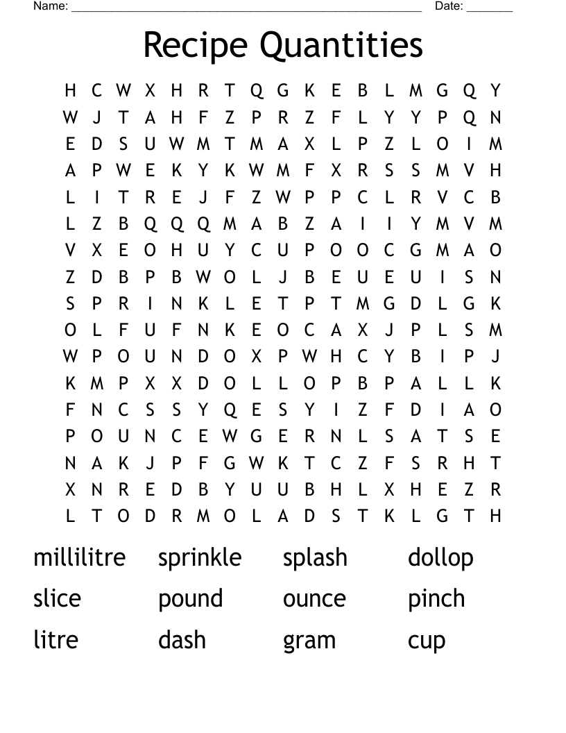 Recipe Quantities Word Search