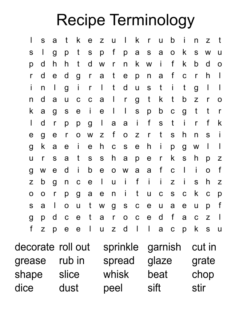 Recipe Terminology Word Search