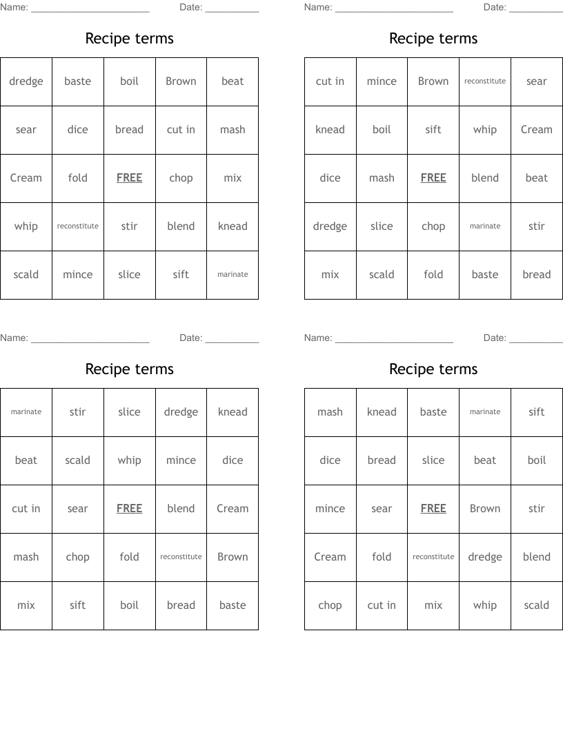Recipe terms Bingo Cards
