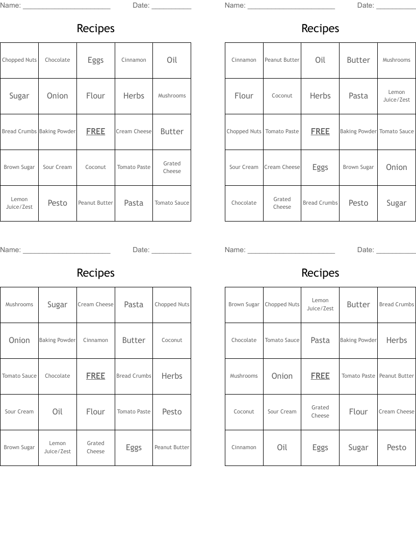 Recipes Bingo Cards