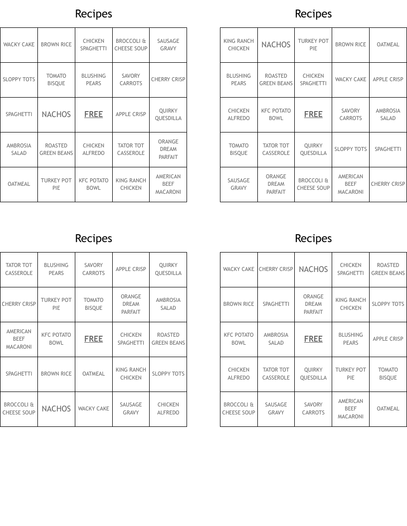 Recipes Bingo Cards