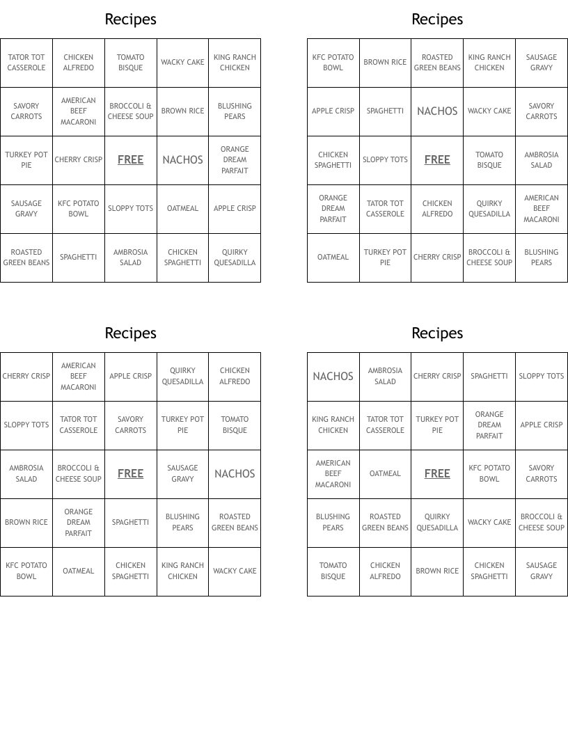 Recipes Bingo Cards