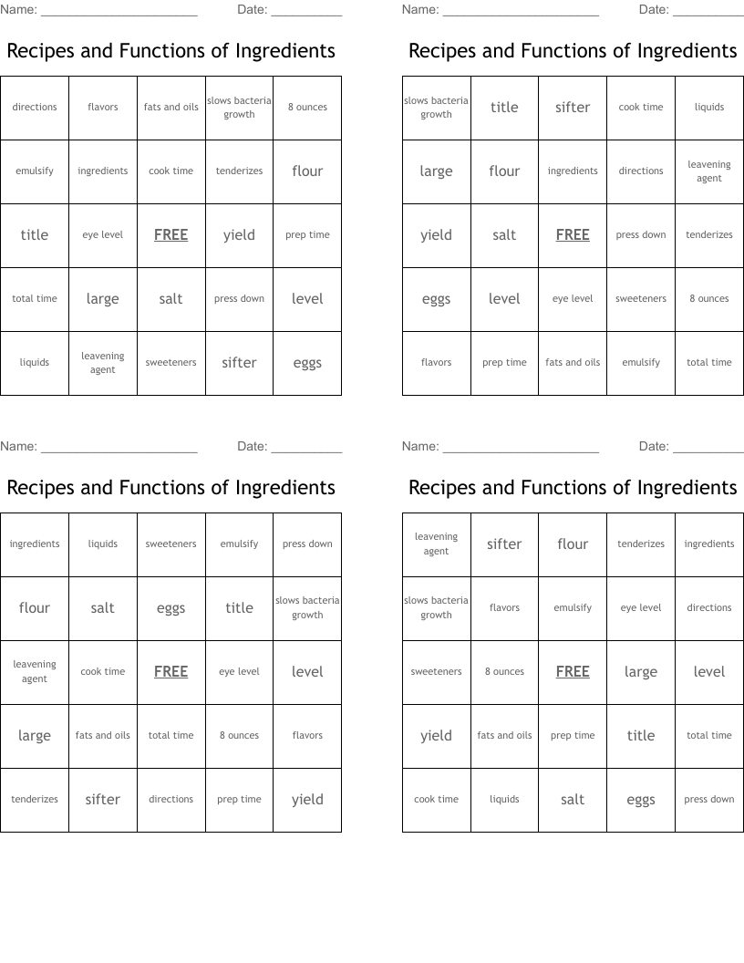 Recipes and Functions of Ingredients Bingo Cards