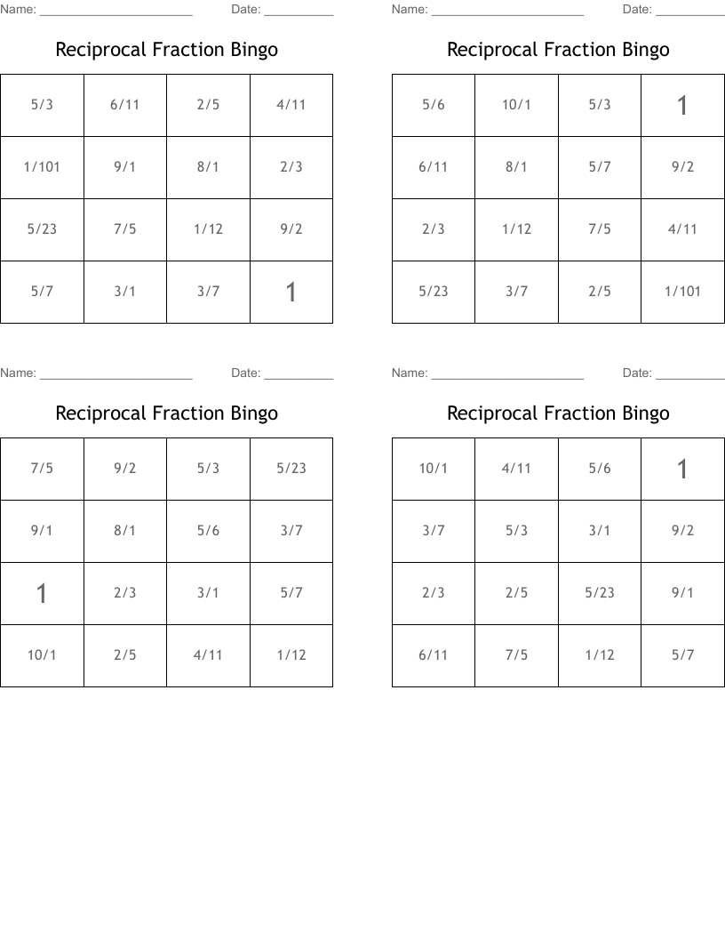 Reciprocal Fraction Bingo