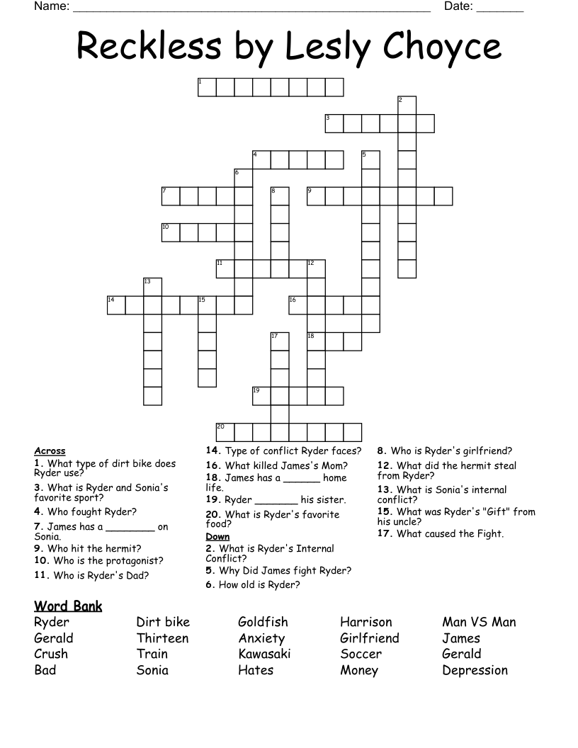 Reckless by Lesly Choyce Crossword