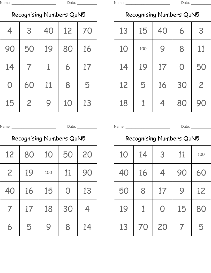 Recognising Numbers QuN5 Bingo Cards