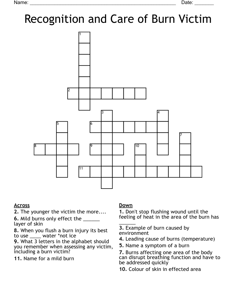 Recognition and Care of Burn Victim Crossword