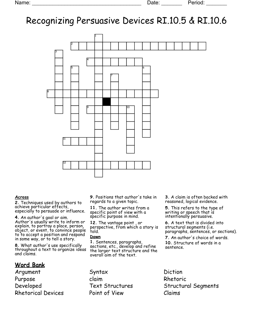 Recognizing Persuasive Devices RI.10.5 & RI.10.6 Crossword
