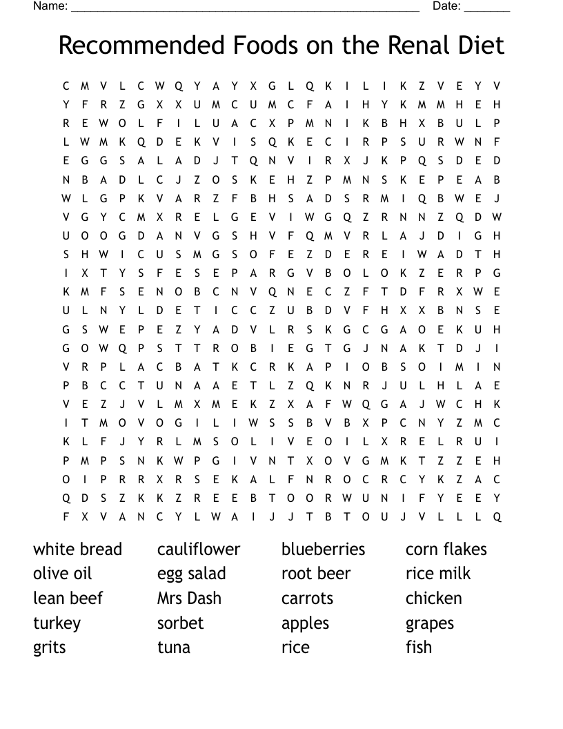 Recommended Foods on the Renal Diet Word Search