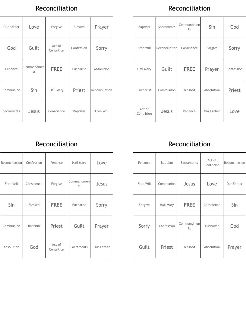 Reconciliation Bingo Cards