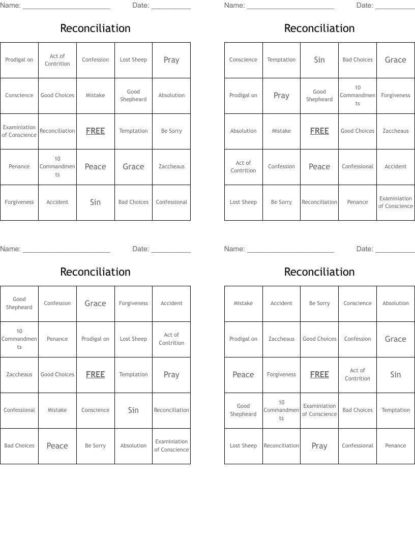 Reconciliation Bingo Cards