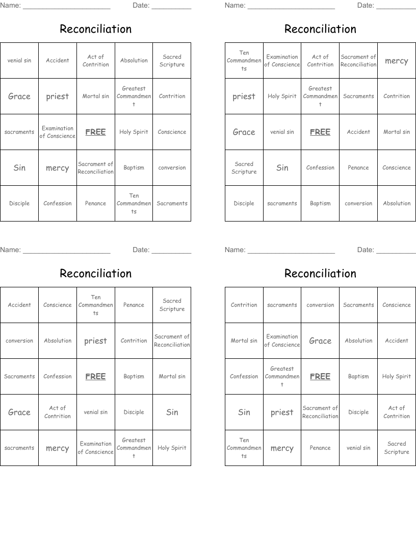 Reconciliation  Bingo Cards
