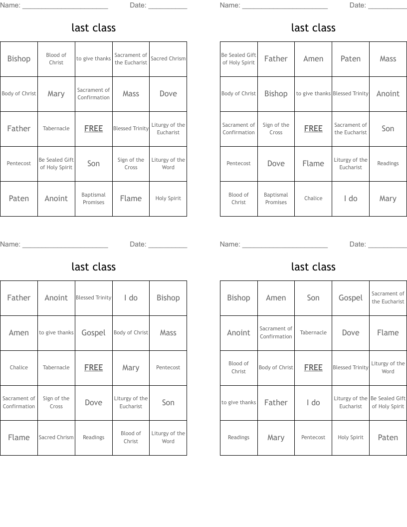 last class Bingo Cards