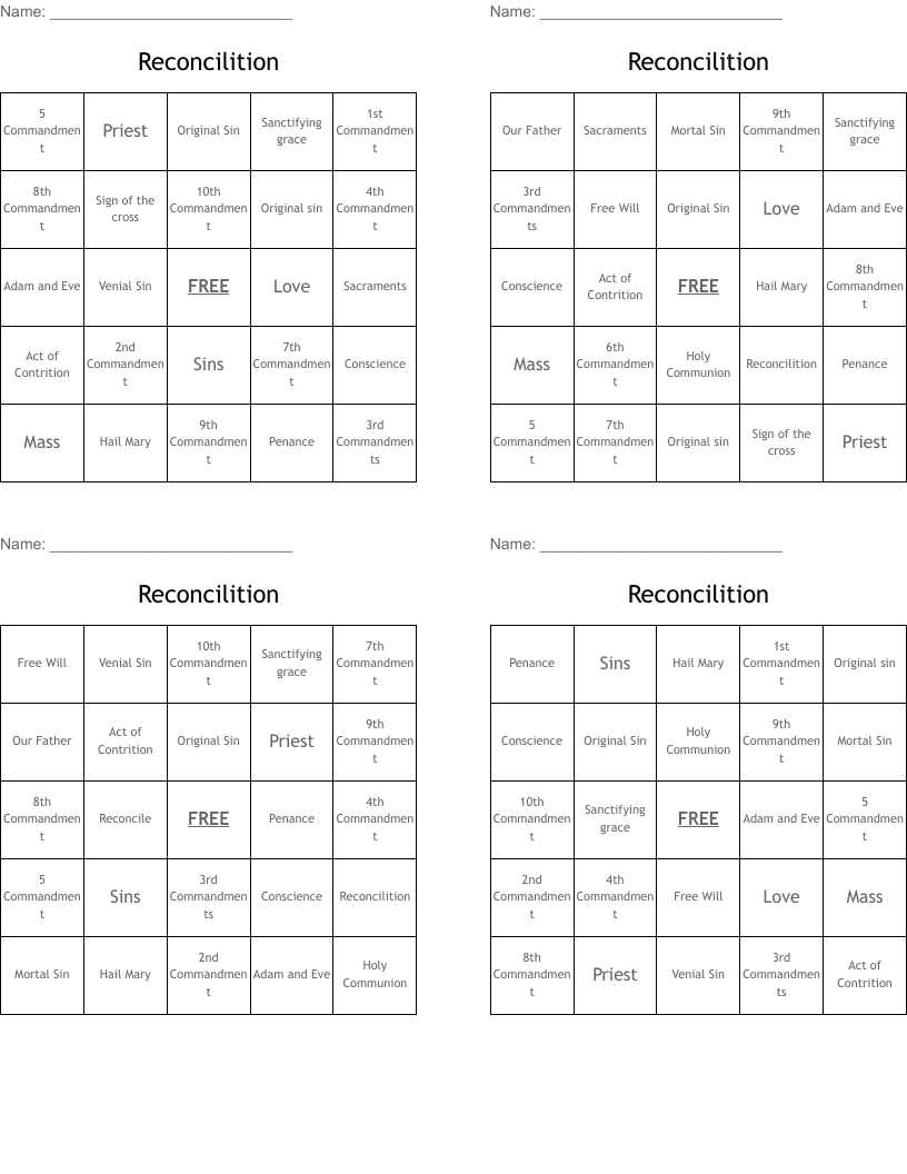 Reconcilition Bingo Cards