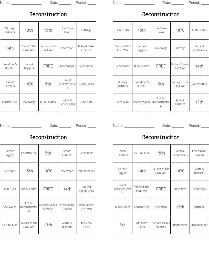Reconstruction Bingo Cards