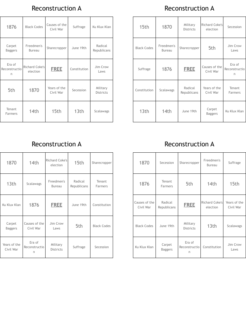 Reconstruction A Bingo Cards