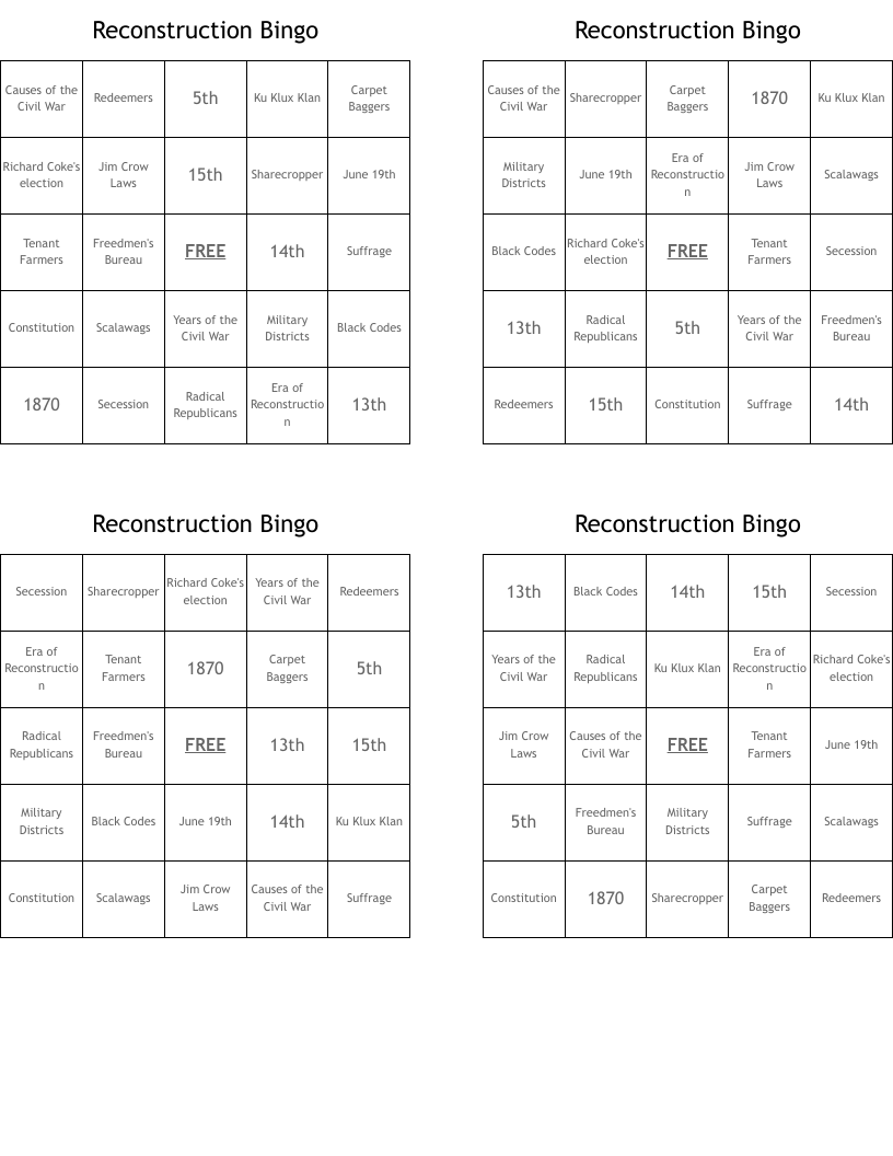 Reconstruction Bingo