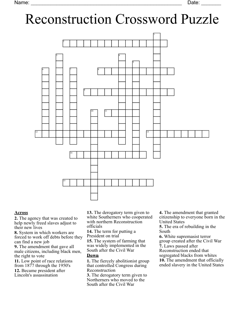 Reconstruction Crossword Puzzle