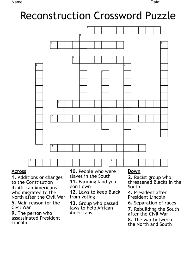 Reconstruction Crossword Puzzle