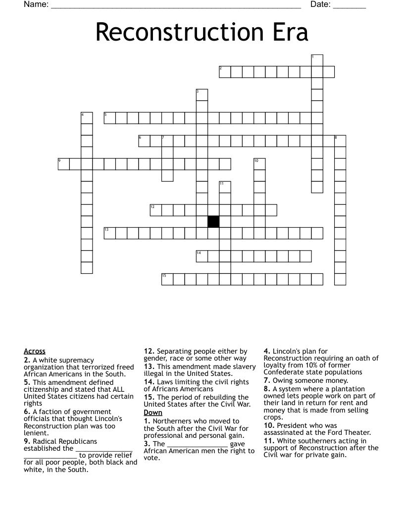Reconstruction Era Crossword