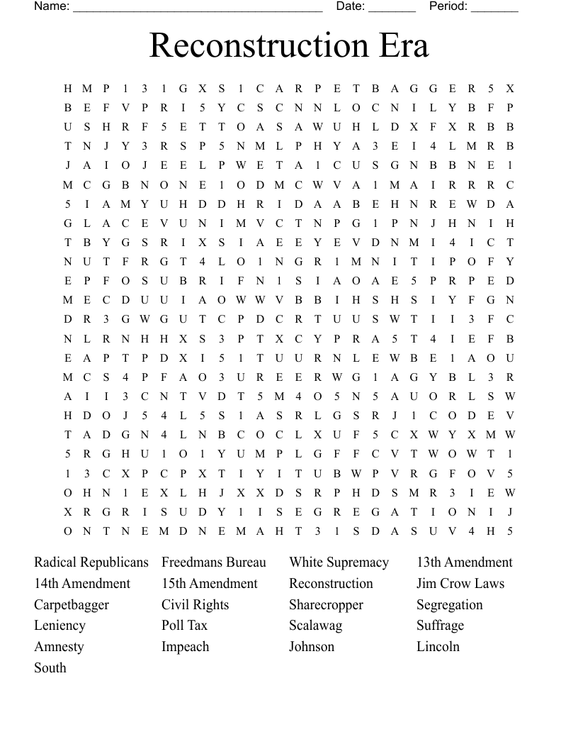 Reconstruction Era Word Search
