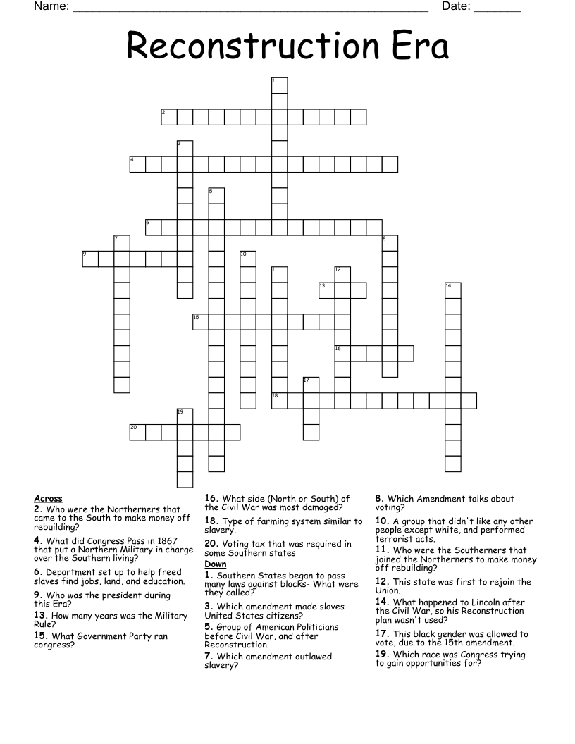 Reconstruction Era Crossword