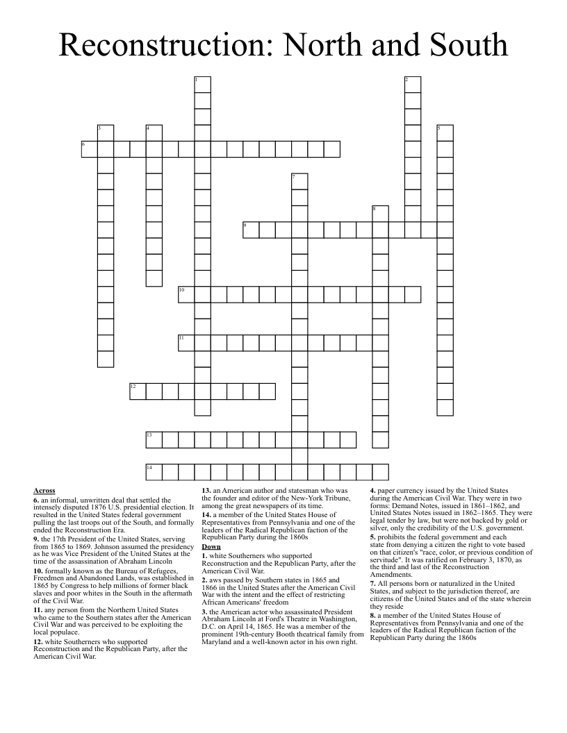 Reconstruction: North and South Crossword