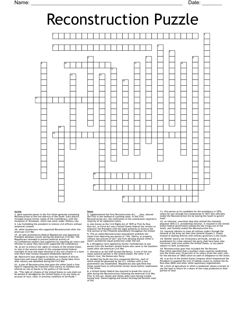 Reconstruction Puzzle  Crossword