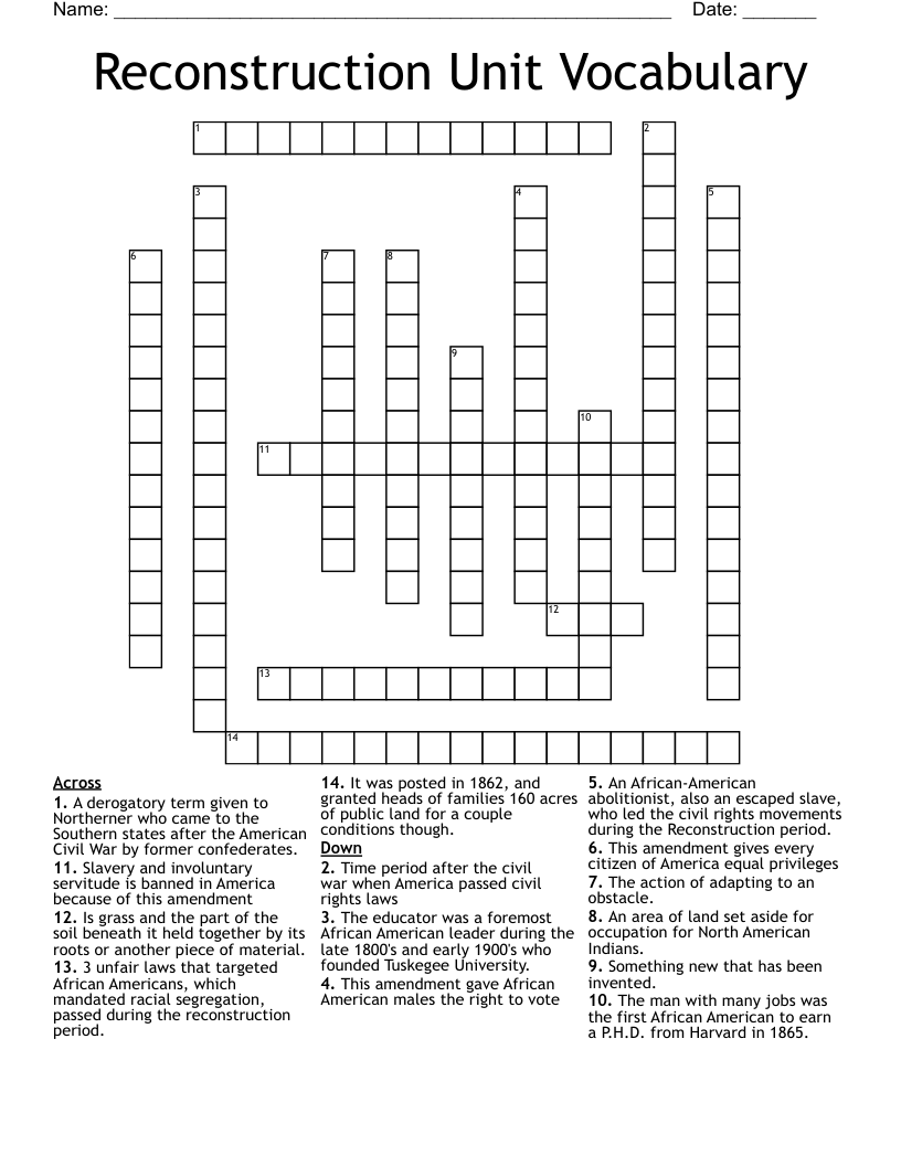 Reconstruction Unit Vocabulary Crossword