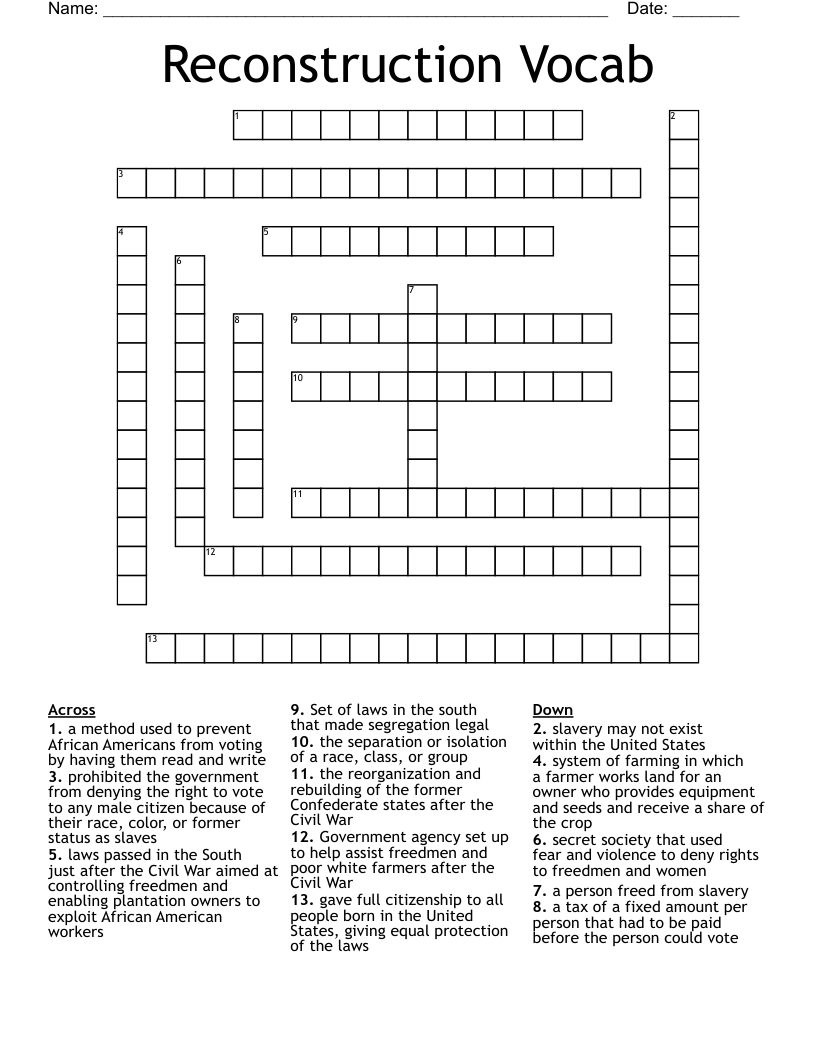 Reconstruction Vocab Crossword