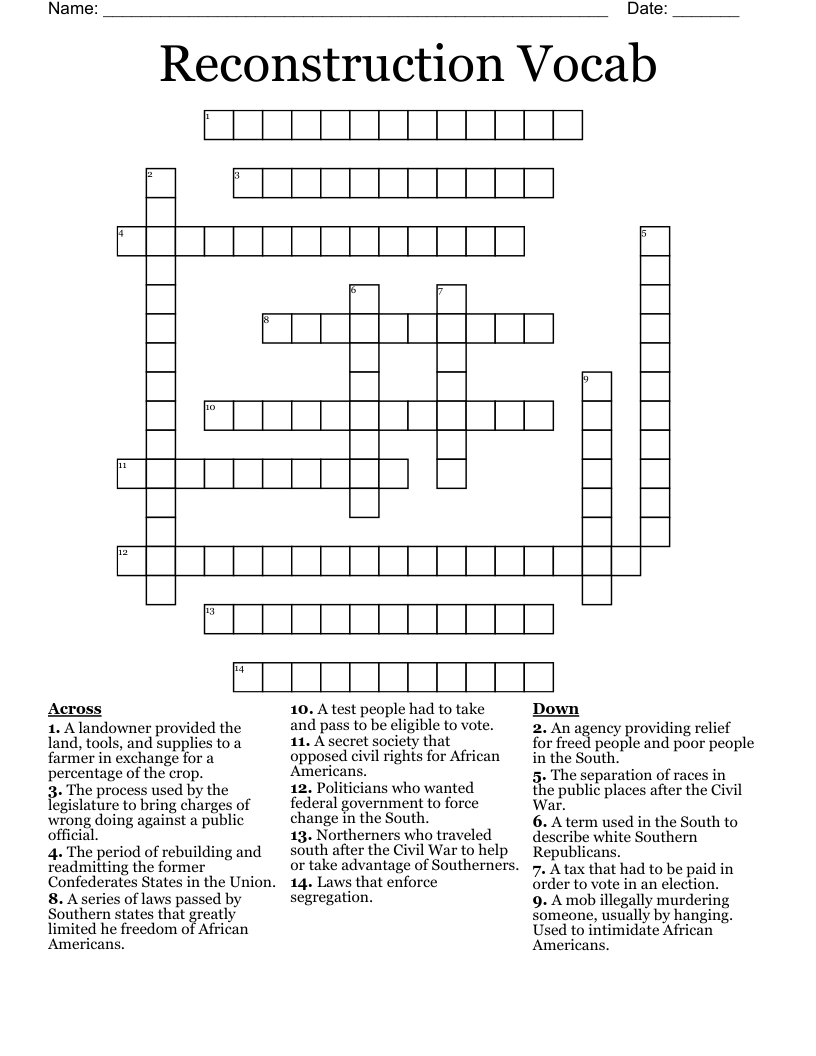 Reconstruction Vocab Crossword
