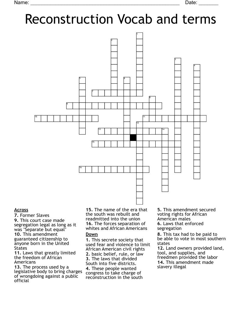 Reconstruction Vocab and terms Crossword